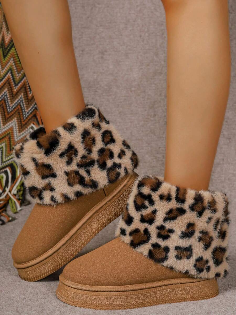 Women's 2024 Winter Mid Heel Thick Sole Warm Thermal Lined Snow Boots, Outdoor Use, Leopard Print Soft Sole Furry Boots