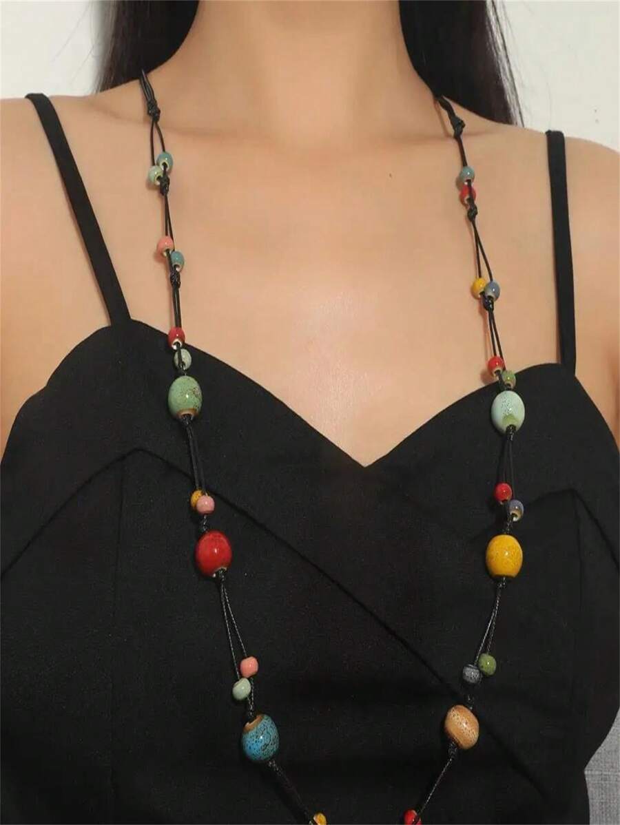 1 pièce Collier long en céramique fait main avec perles, convient pour un style casual, de fête et campagnard pour femmes