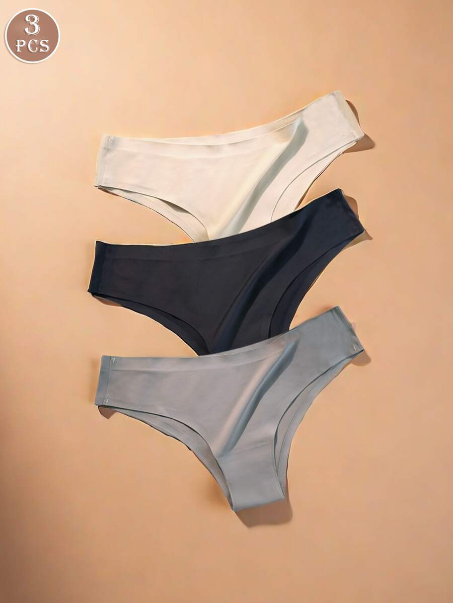 3pcs Women Solid Color Seamless Silky Feel Soft Mid-Waist Panties