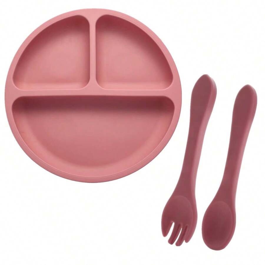 3 Pezzi Ciotola E Utensili A Suzione, Adatti Per Bambini Piccoli, Realizzati In Silicone, Dal Design Diviso, Sicuri Per Microonde E Lavastoviglie
