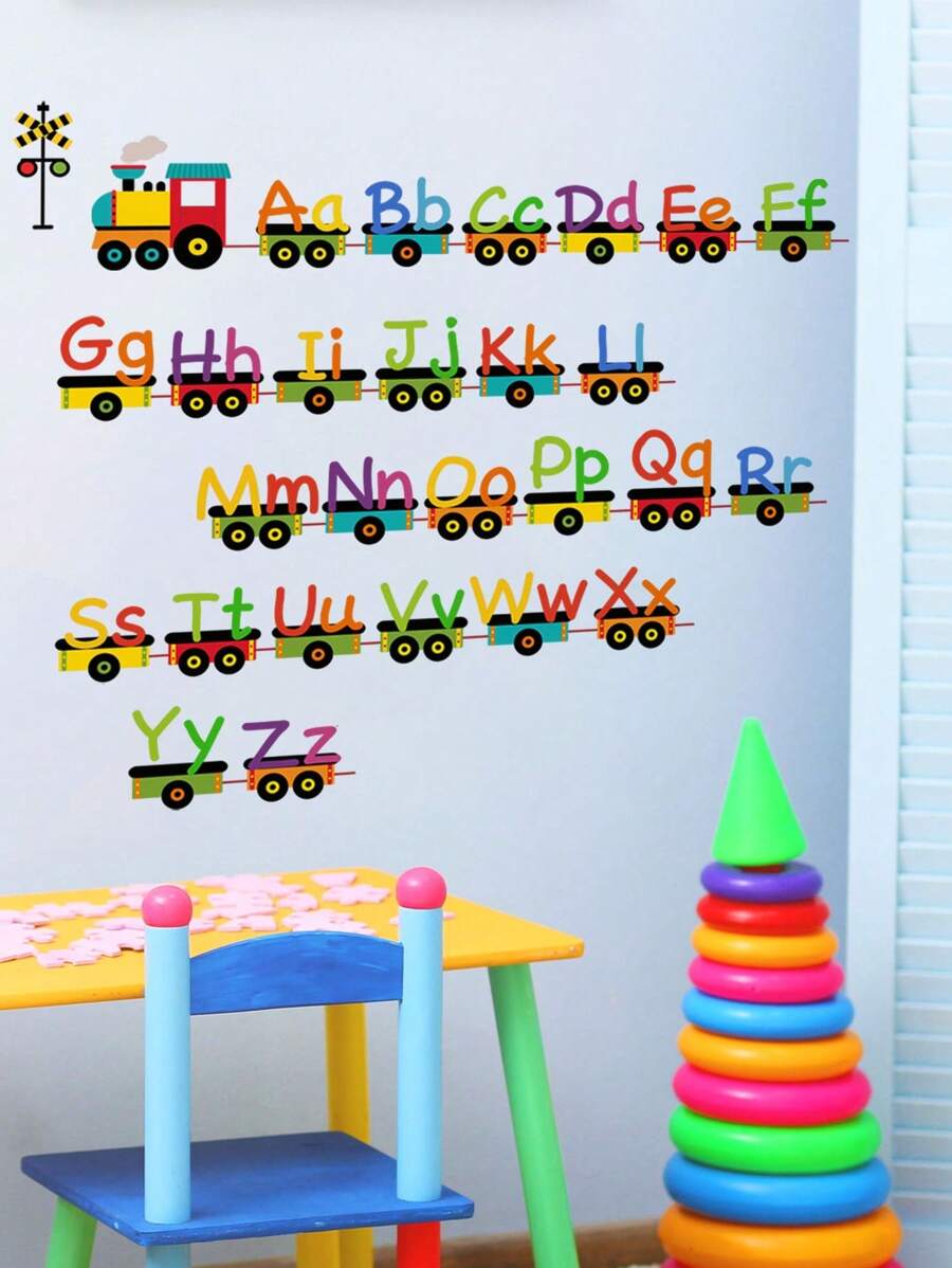 1 pieza Pegatina de pared con diseño de letras y tren, Adhesivo de pared PVC moderno para decoración del hogar, Pegatinas, Adhesivo de pared, Vinilo adhesivo para decoraciones del hogar, Artículos de decoración primaveral para refrescar tu hogar, Pegatinas decorativas Decoración escolar Sorpresa escolar Decoración de dormitorio Vuelta al cole