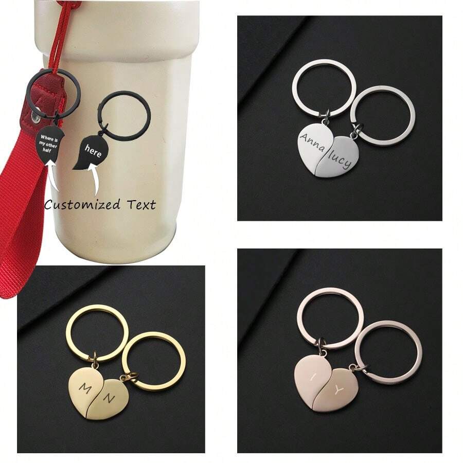 1 par de llaveros personalizables para parejas, con forma de corazón cuando se unen, material de acero inoxidable, adecuado para colgar en tazas, mochilas, gran regalo para parejas, amigos, fiestas, cumpleaños, Navidad