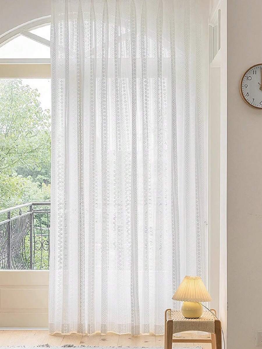 1 Peça Cortina Voil Trançada Oca com Design de Flor de Extremosa, Estilo Pastoril Vintage, Persiana, Protetor Solar e Isolante para Varanda