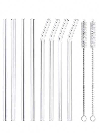 12Pcs Colorful Glass Straws With 2 Cleaning Brushes - 8mm Reusable Drinking Straws, 4 Straight & 4 Curved, Party Supplies For Smoothies, Cocktails, Iced Coffee, Perfect Gift For Home, Weddings, Or Events