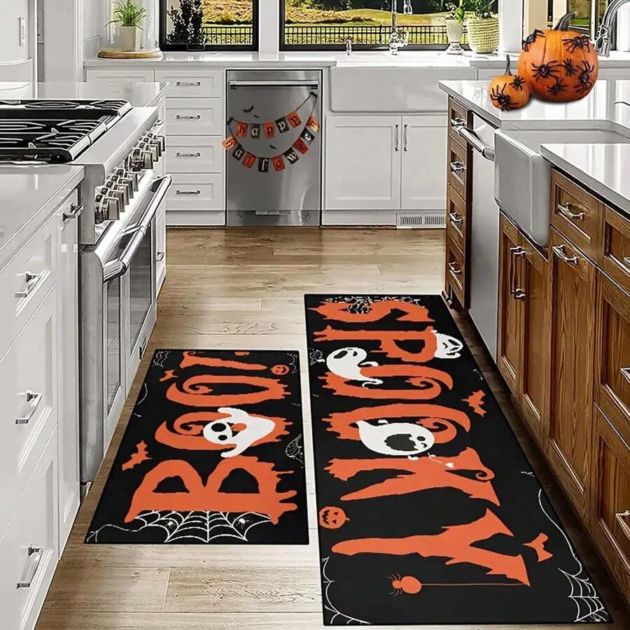 1/2pcs Halloween Themed Kitchen Mat, Ghost & Letter Pattern Design For Home, Room, Halloween Decoration