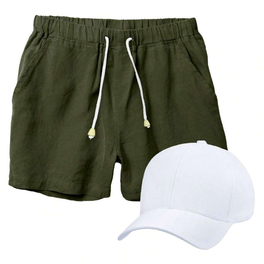 Conjunto Short de Linho Masculino + Boné Branco Liso Estilo Casual Básico Ideal Para o Dia a Dia