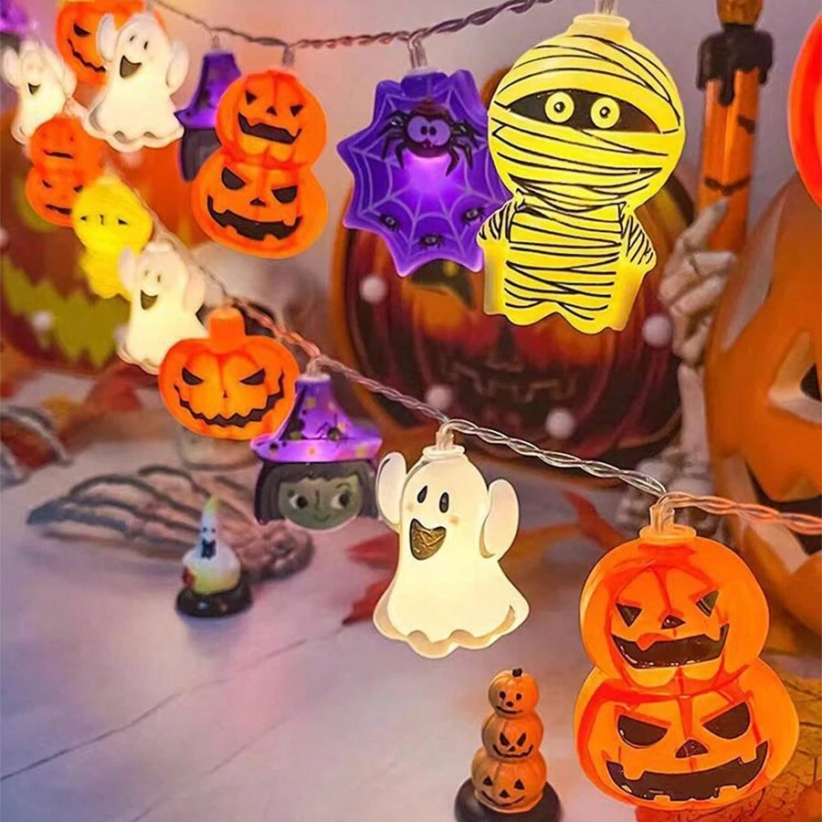 1 pièce 10/20/40 LED Guirlandes lumineuses de décoration d'Halloween - Citrouille, Fantôme, Araignée, Momie, Décoration de vacances et de maison, Décoration d'Halloween, Décoration de chambre, Décoration de jardin d'Halloween pour cadeau, Décoration de fête des fées, Décoration de festival