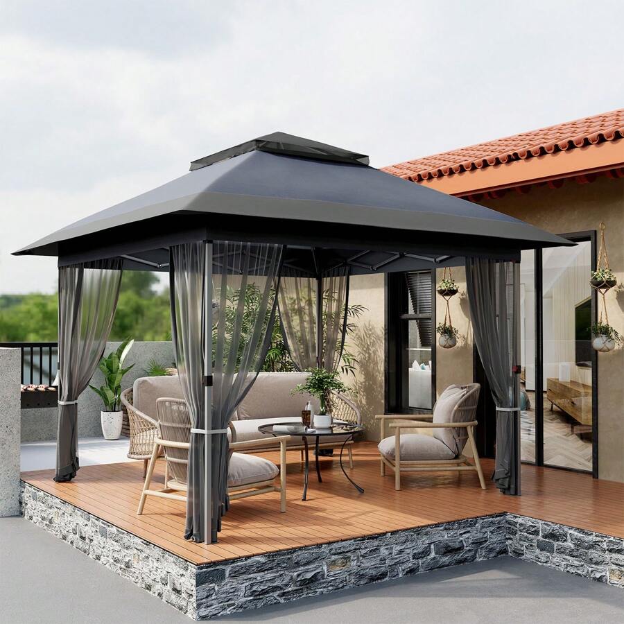 12'x12' Softtop Gazebo, Outdoor Pop Up Gazebo With Mosquito Netting, Party Tent & Shelter With Double Roofs For Gardens, Patios, Lawns