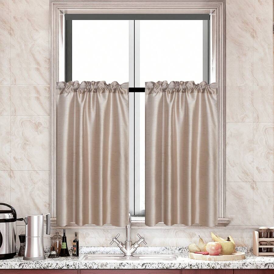 1pc Solid Color Faux Silk Rod Pocket Short Window Curtain, Coffee