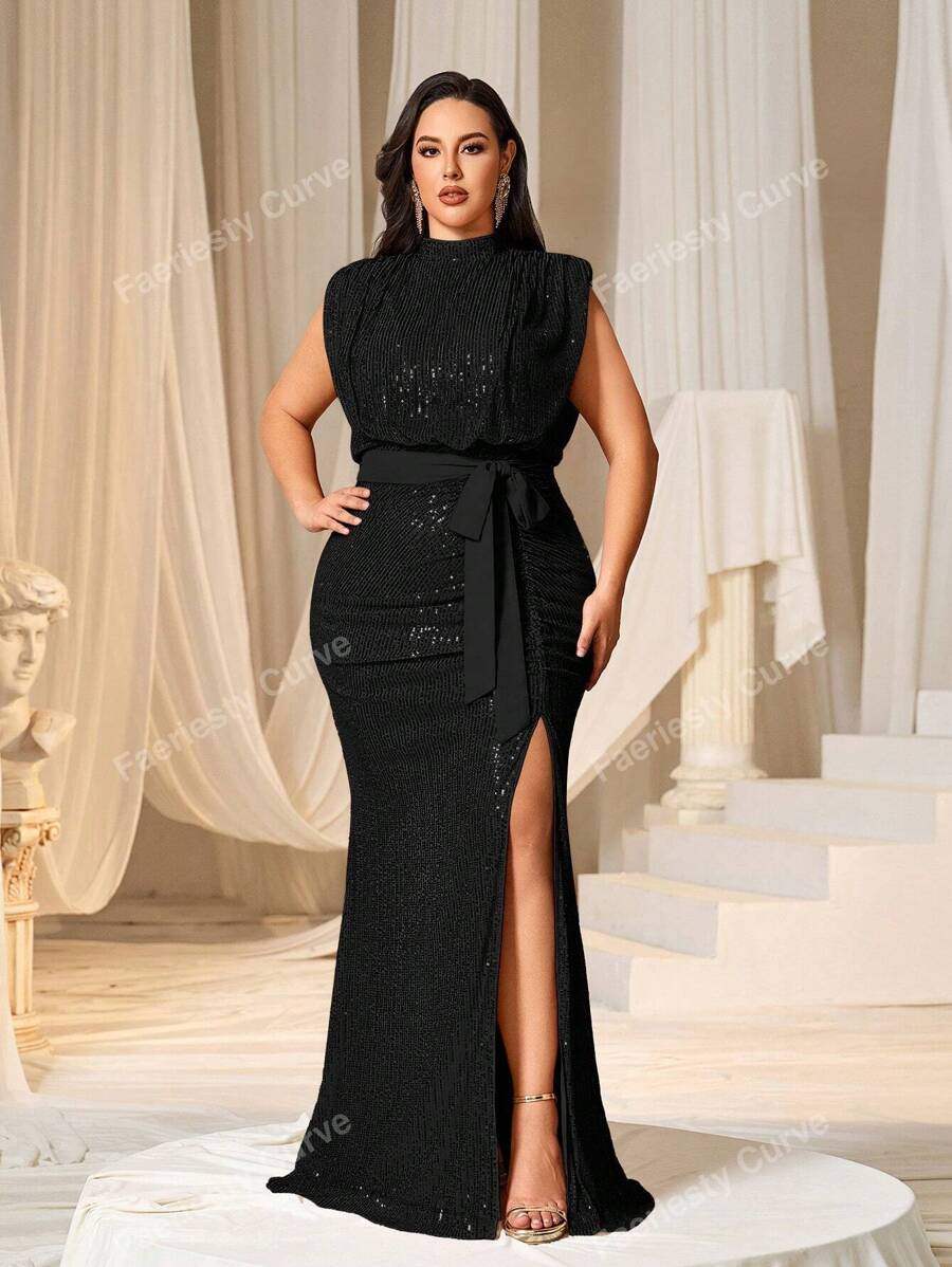 Faeriesty Plus Mock Neck Sequin Belt Jurk Elegante Formele Avond Gastjurk, Voor Afstudeerfeestjurk