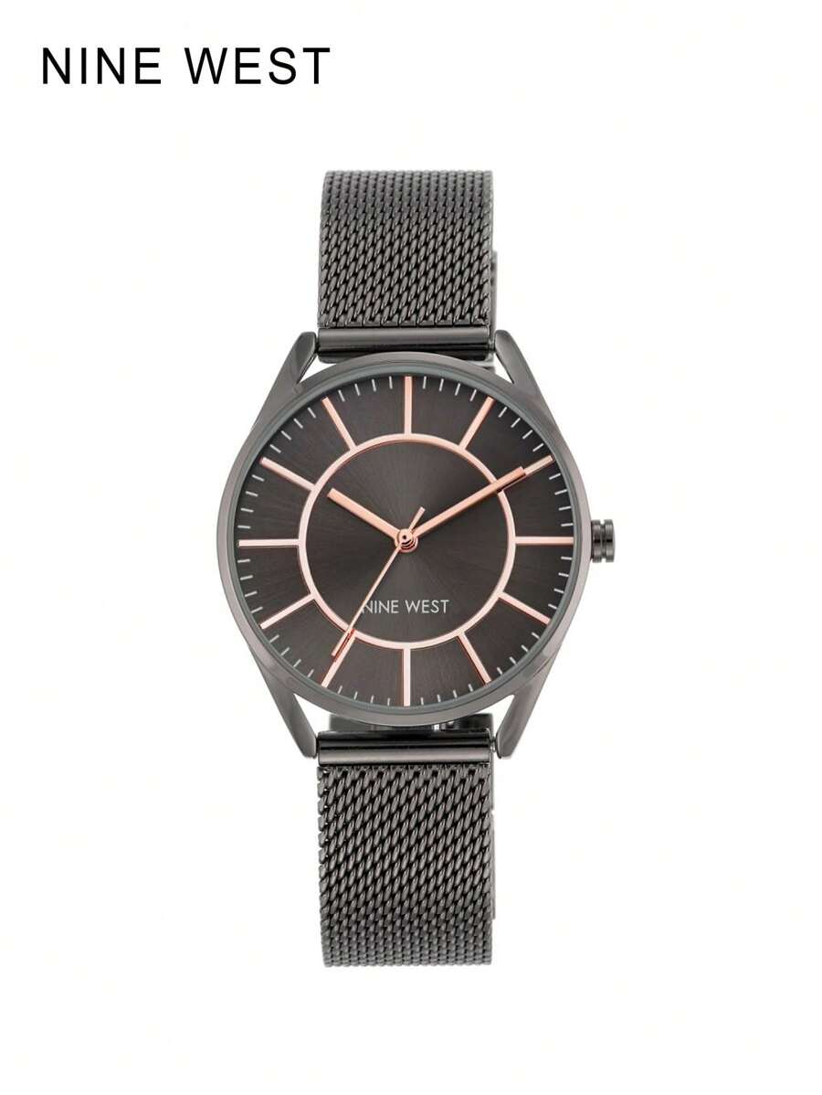 Nine West Reloj de pulsera para mujer con correa de malla y de aleación, estilo minimalista, casual, adecuado para trabajo, viajes, negocios y uso diario, regalo elegante para mujer, color negro