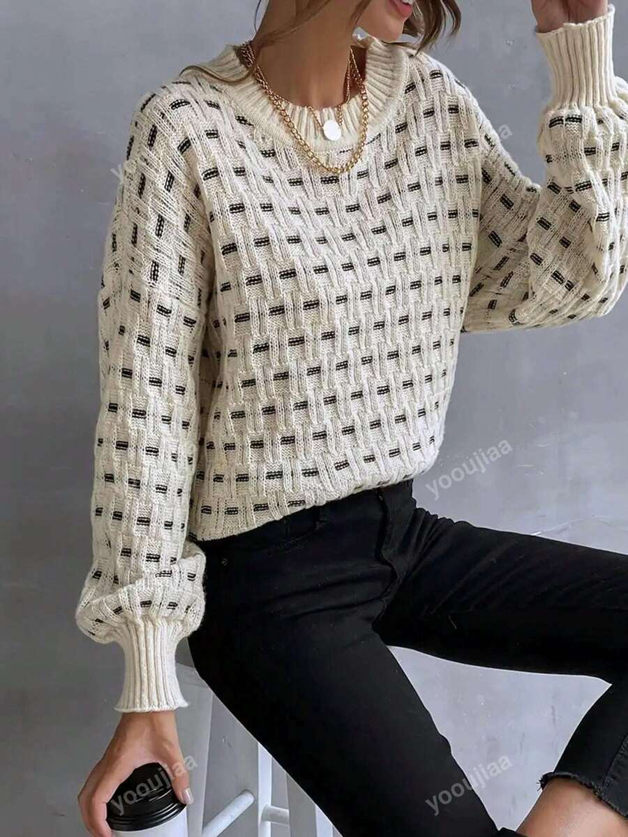 Autumn And Winter New Fashionable Round Neck Retro Plaid Contrast Stitching Long-Sleeved Women's Sweater