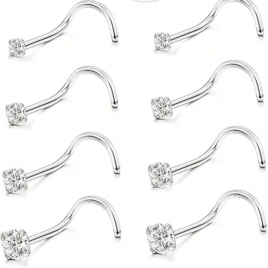 8pcNose Ring Earrings Stainless Steel Nose Studs Allergy Proof Bottle Opener Nose Piercing Earrings Jewelry Men And Women Silver Square Crystal Zirconia Imitation Rhinestone 1.5mm 2mm 2.5mm 3mm