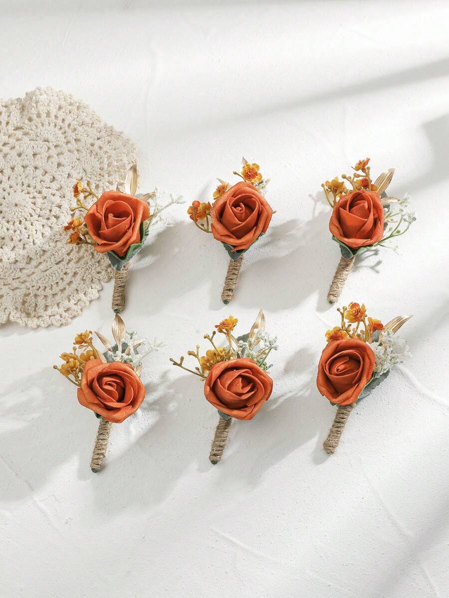 6pcs Rose Flower With Green Plant Romantic Floral Brooch Set, Suitable For Wedding Decor, Events, Formal Parties Valentine's Day