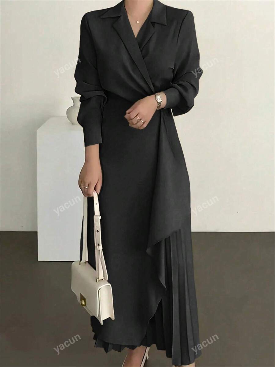 Robe longue élégante à manches longues unie, Robe longue taillée vintage