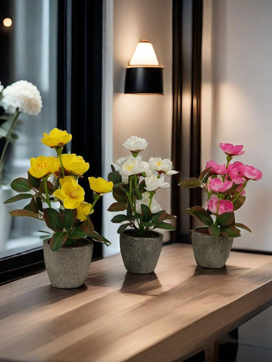 1pc/1set Artificial Flowers 17.5cm Tall Fake Plants Flocked Foam Cement Pot Mini Bonsai Decor Set, Suitable For Indoor Office Coffee Table Cabinet Desktop Decoration, Valentine Day, Gift Gifts Birthday Graduation