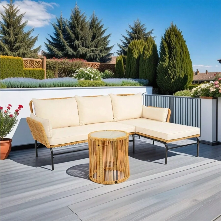 Juego de 3 piezas de muebles de mimbre para patios al aire libre, mesa y sillas con cojín de 3,15 pulgadas de grosor, sofá de mimbre natural amarillo + cojín crema