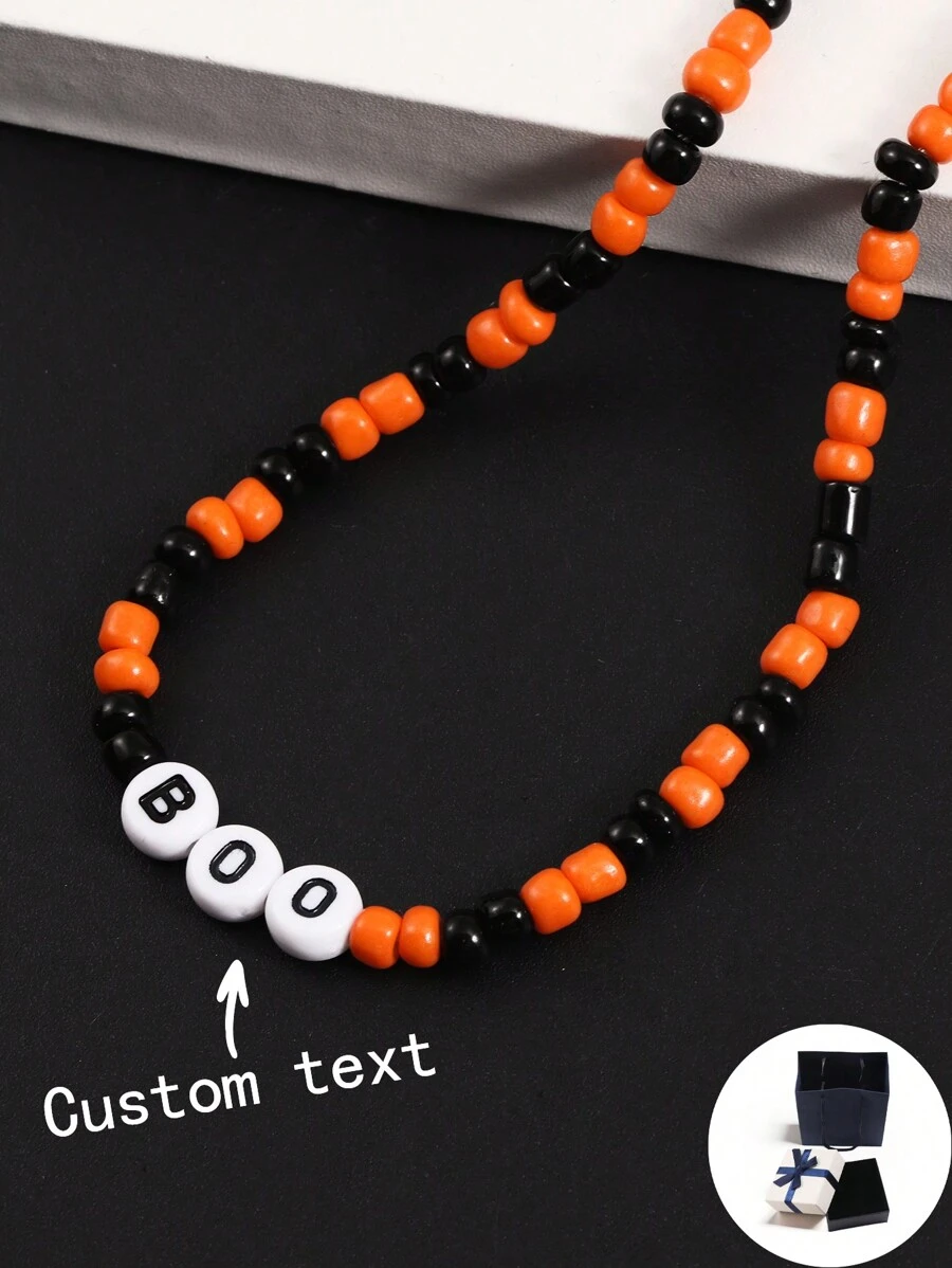 Collier personnalisé, collier de perles aux couleurs de citrouille thème Halloween, personnalisable avec des noms, phrases, dates, etc. Convient comme cadeau d'anniversaire, d'anniversaire de mariage, de la Saint-Valentin pour les parents, la petite amie/le petit ami, les amis