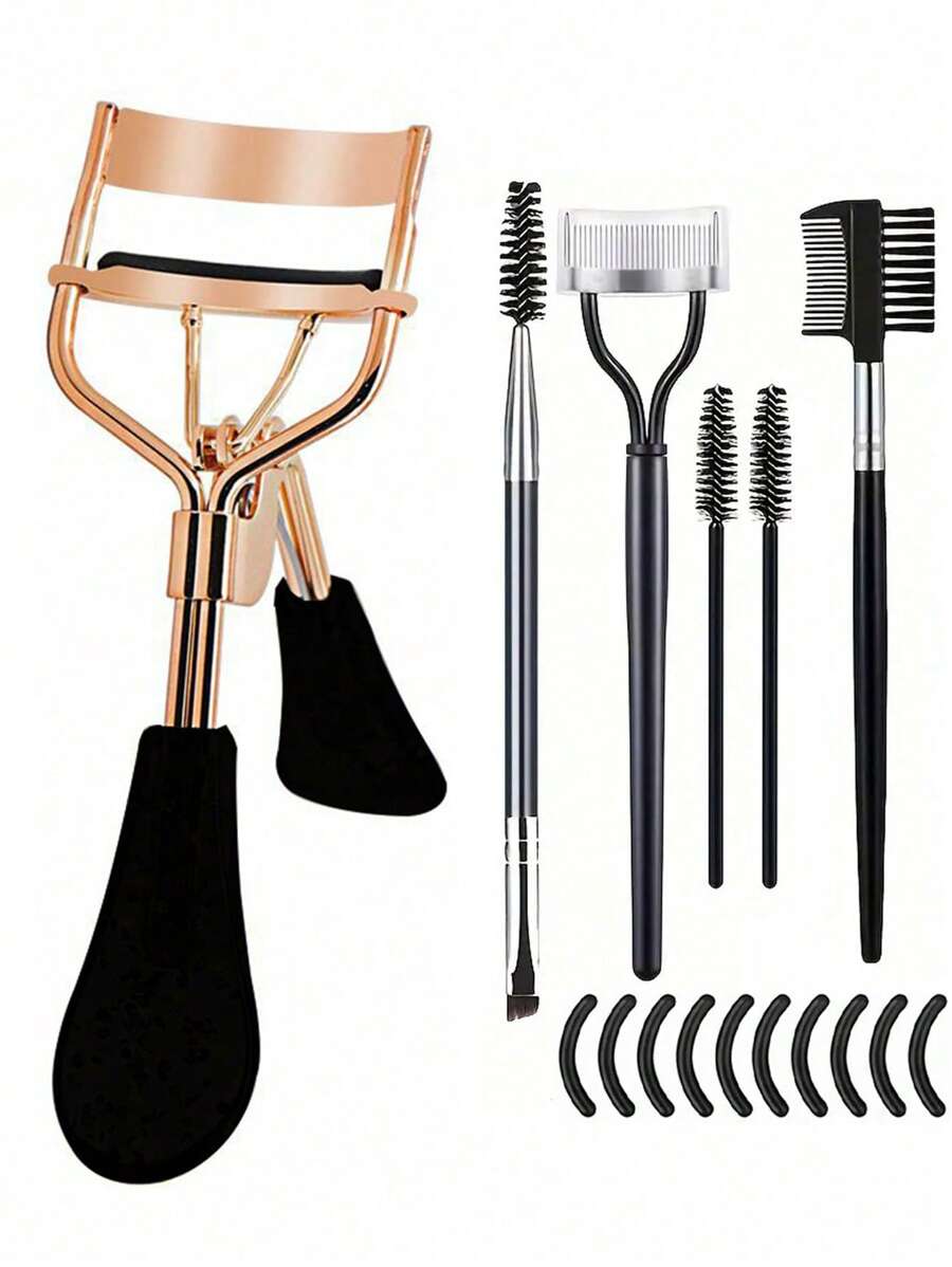 16-Piece Stainless Steel Eyelash Curler Set, Includes 1 Eyelash Curler, 1 Eyelash Comb, 2 Eyelash Rollers, 1 Angled Dual-Ended Brow Brush, 1 Brow Brush, And 10 Silicone Refill Pads, For Eyelashes And Brows
