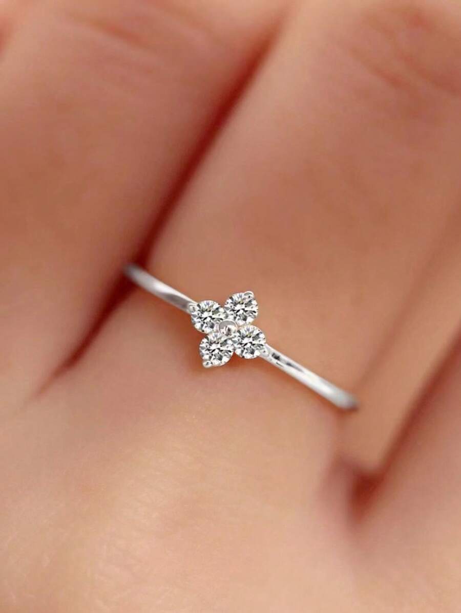 1 pieza Anillo de trébol de 4 hojas de plata esterlina S925 con baño de oro de 18k y circonita, anillo pequeño y delicado, diseño único de moda, de alta calidad, versátil, excelente regalo para festivales