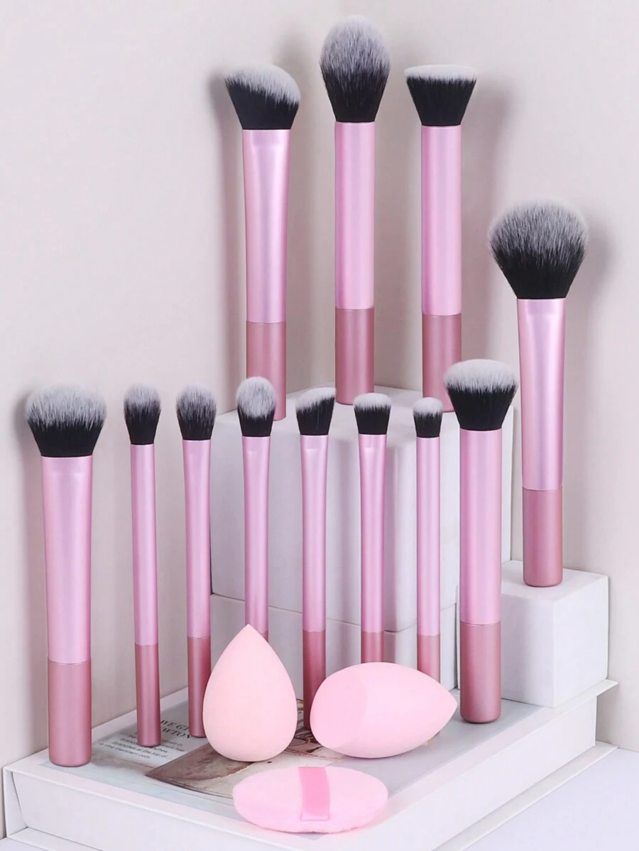 12pcs Multi-Functional Makeup Brush Set - Powder, Blusher, Foundation, Eyeshadow, Contour Brushes + Angled Makeup Sponge, Round Makeup Sponge, Pink Makeup Puff