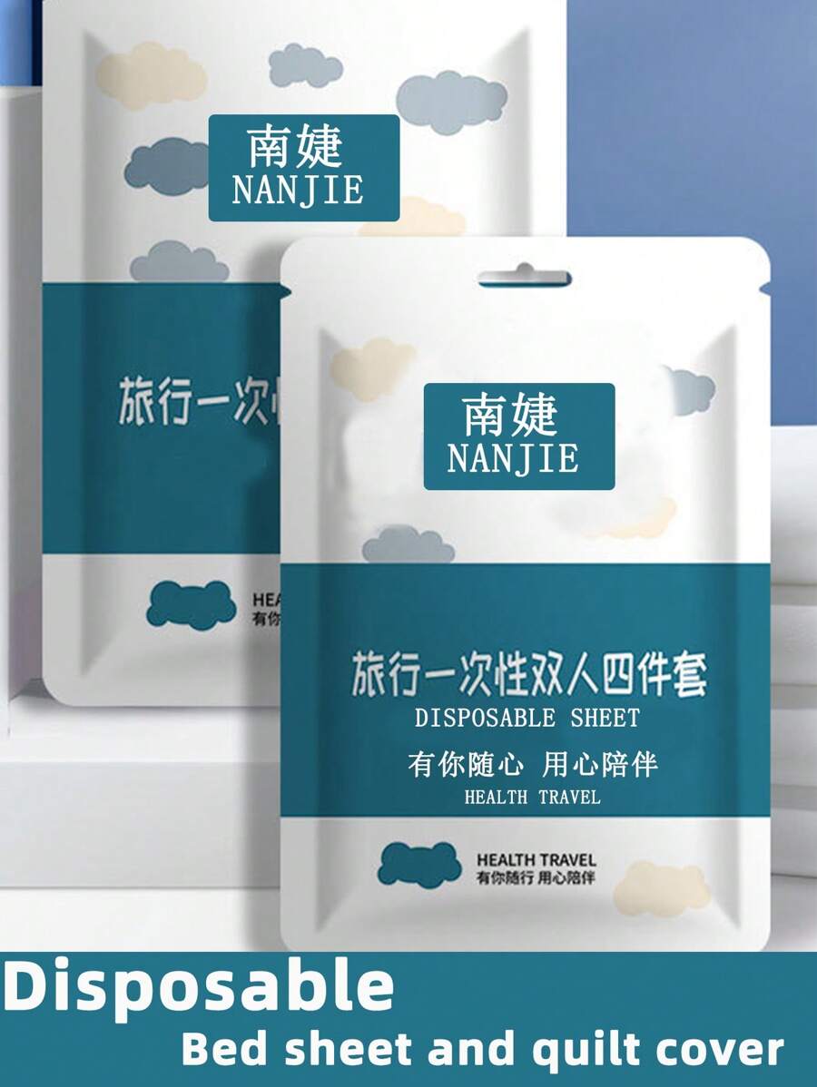 1set 4pcs Travel Disposable Bed Sheet, Duvet Cover, Pillowcase, Bedding Set For Double Bed In Hotels & While Traveling