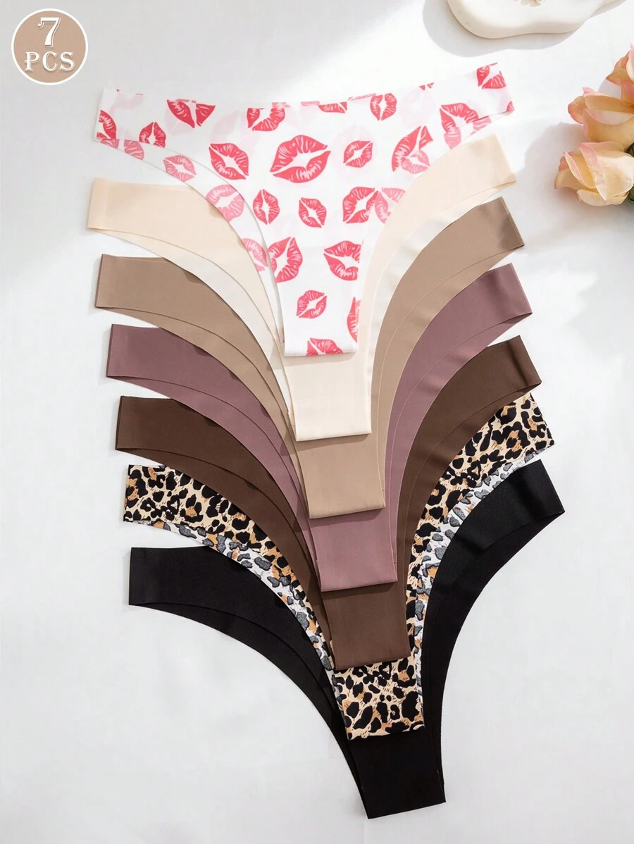Set de 7 piezas/paquete de bragas de bikini sin costuras con talle bajo, estampado sexy de labios rojos, cómodas y adecuadas para fitness y deporte