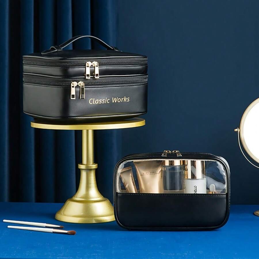 PU Double-Layer Cosmetic Bag Light Luxury Fashion Skincare Organizer Bag Travel Large Capacity Wash Bag