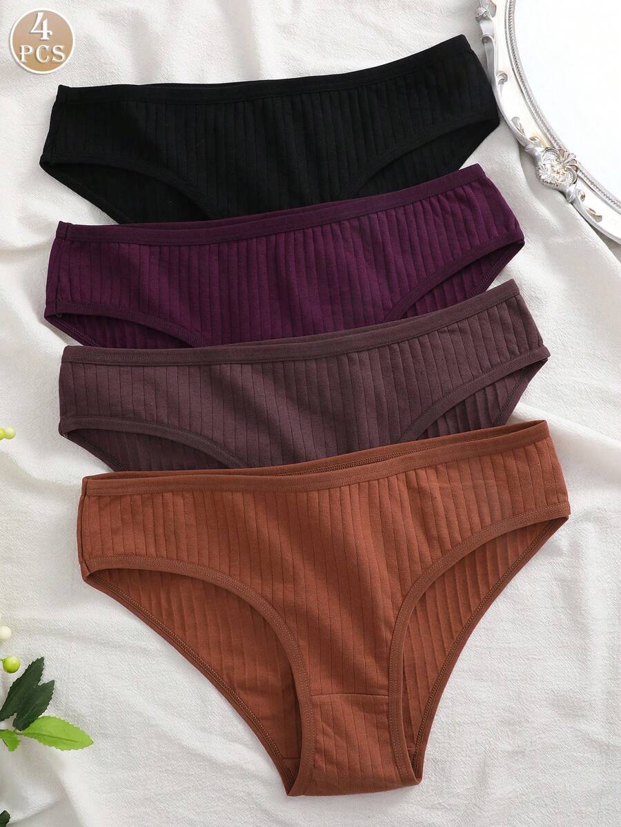 4 pièces/paquet Culottes respirantes et confortables à motifs unicolore et rayés pour femmes