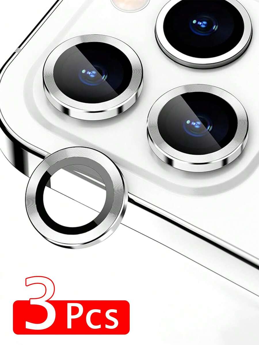 3pcs Camera Lens Protective Film, Compatible With IPhone 11 12 13 14 15 Pro/ With Strong Adhesion, 9H Hardness Tempered Glass Camera Screen Protector, Metal Rim Cover, Friendly To Protective Case (Silver)