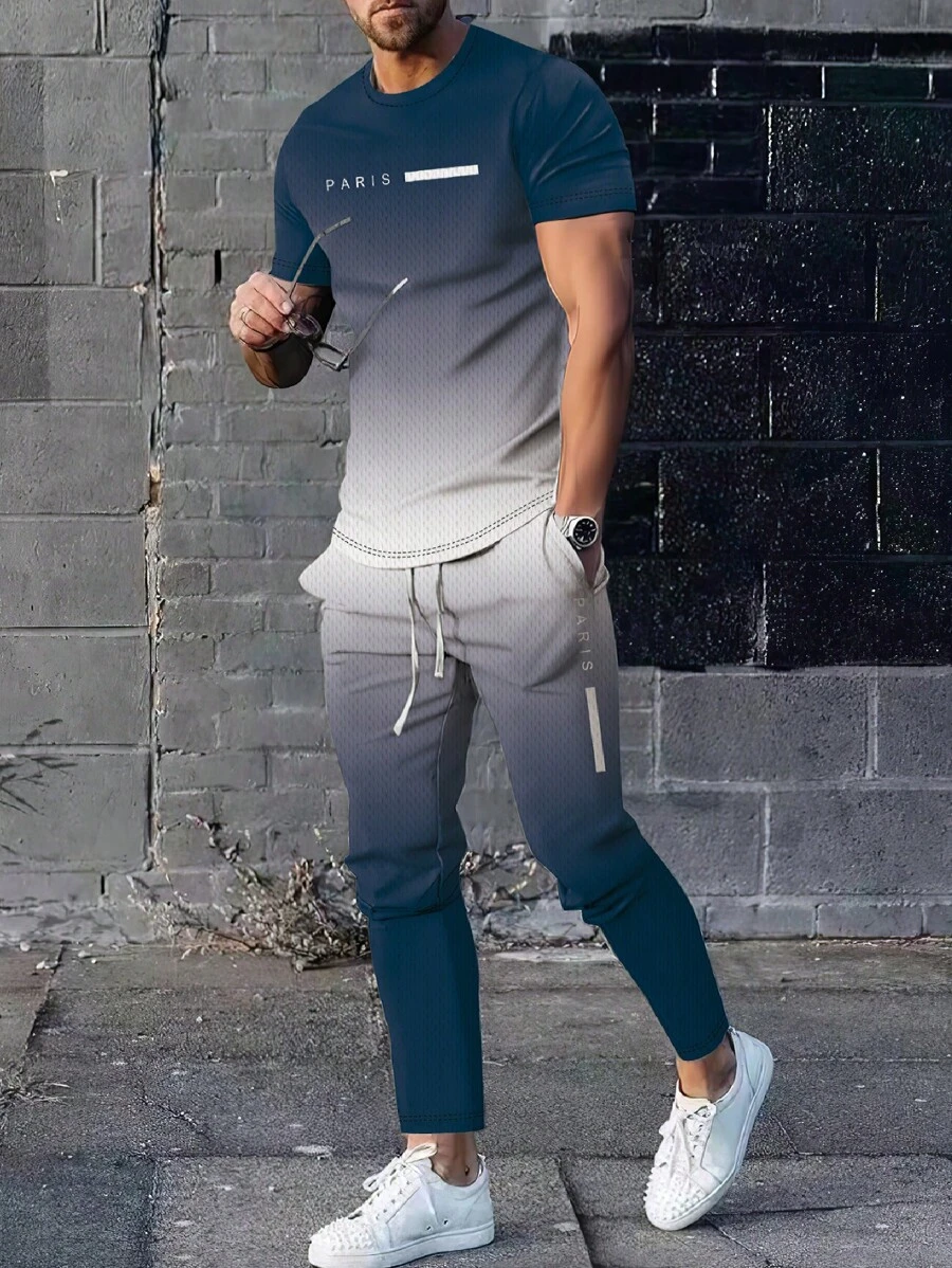2pcs Men's Premium Soft & Comfortable Ombre Casual Round Neck Short Sleeve T-Shirt & Jogger Pants Set, Popular Outfit