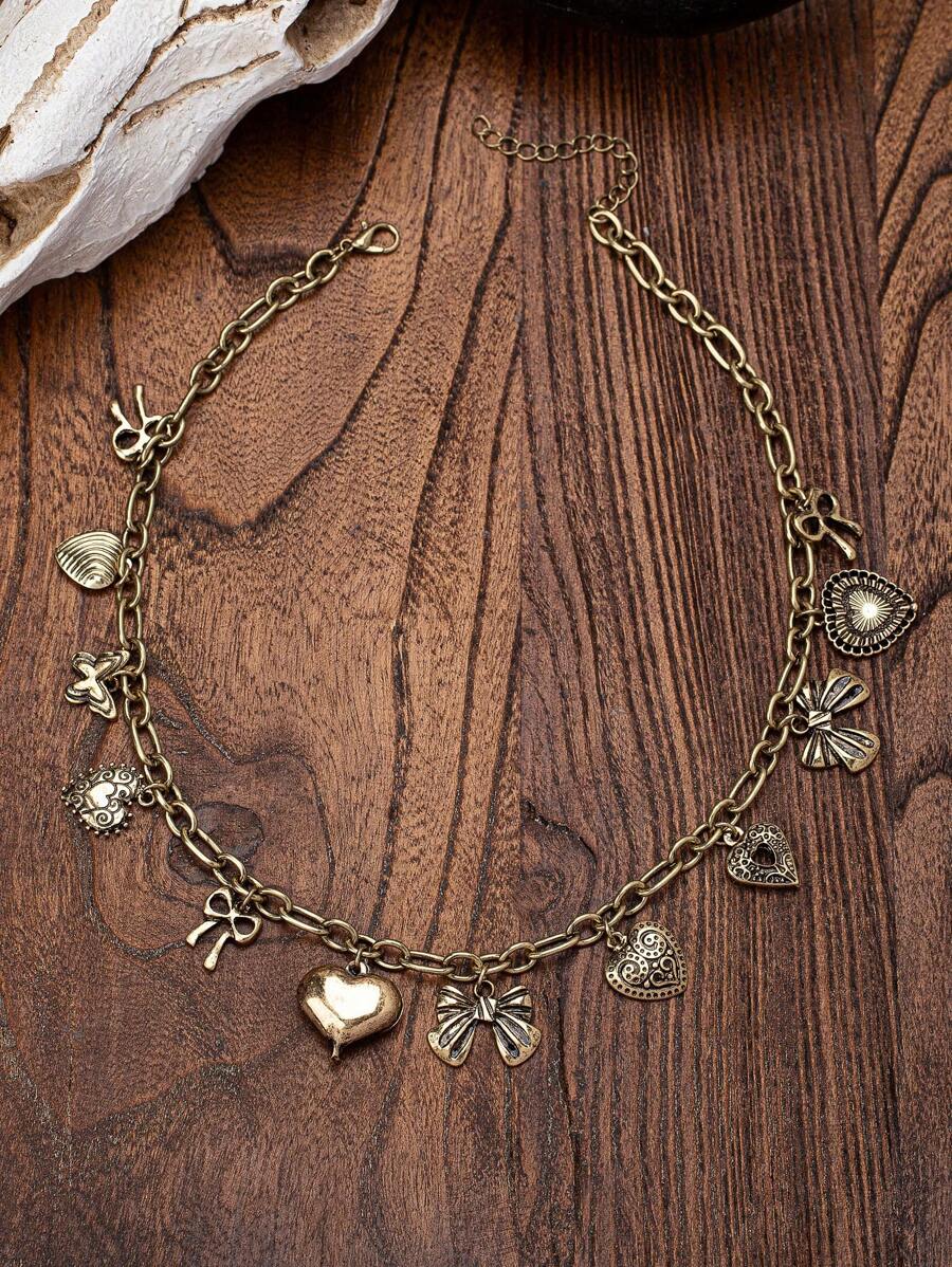 1 Pc Retro Vintage Heart Bow Butterfly Multiple Charms Necklace For Women
