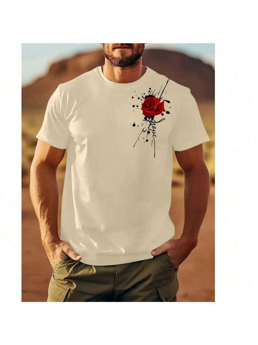 Camiseta Basica Masculina Estampa Rosas Estilo Casual 100% Algodão