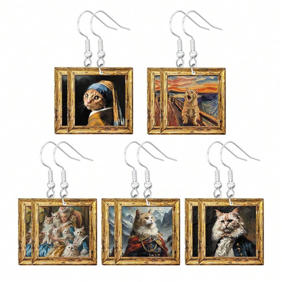 1 Pair Acrylic Cat Oil Painting Style 2D Cute & Funny Earrings