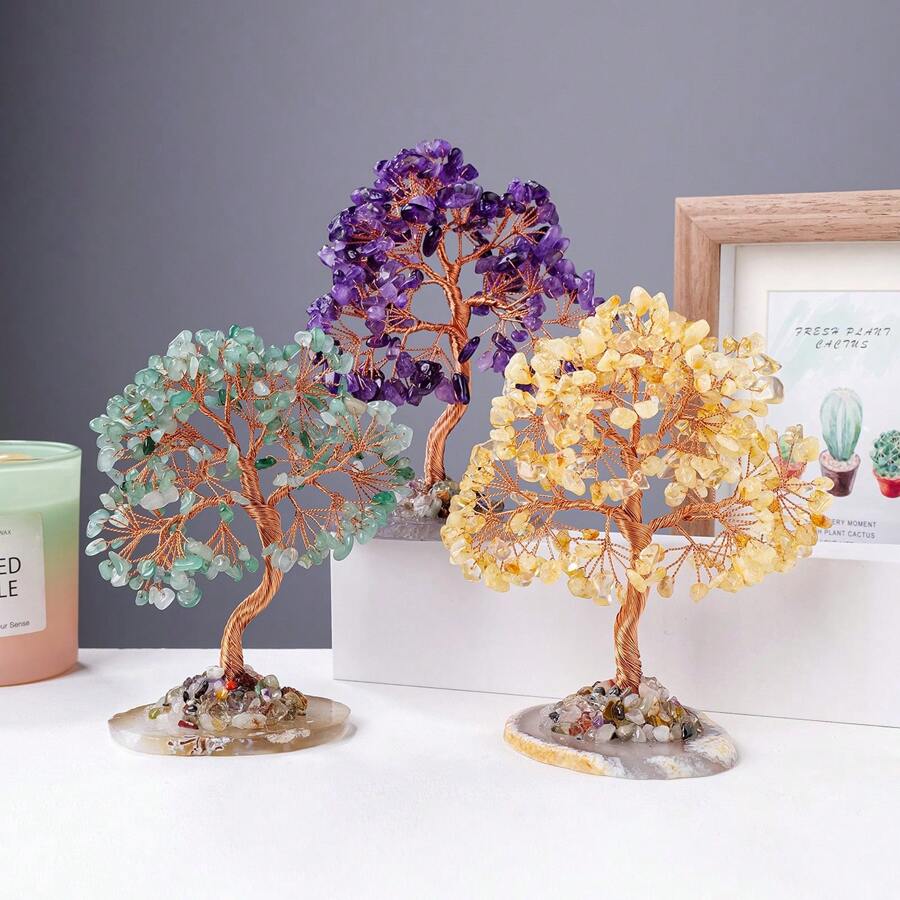 1PC Natural Crystal Lucky Tree Copper Wire Winding Colorful Gravel With Agate Slice Base Home Decoration Money Trees