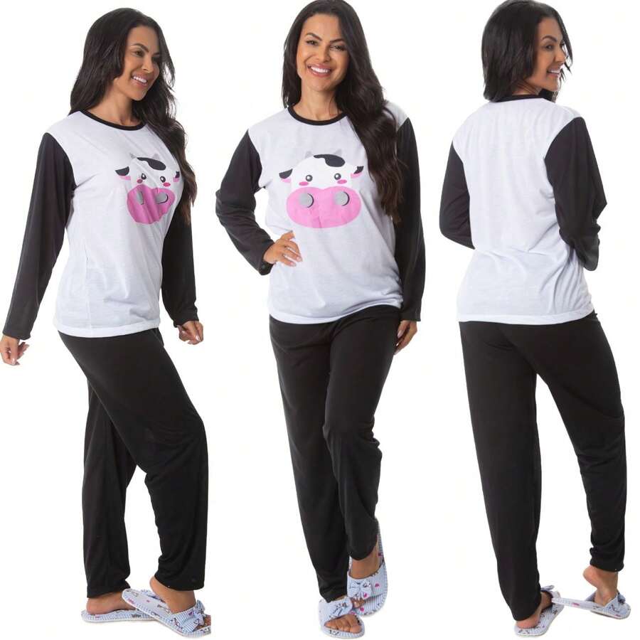 Pijama de Inverno Sueli Manga Longa Feminino Adulto Confortável Frio Estampado Escolha Estampa