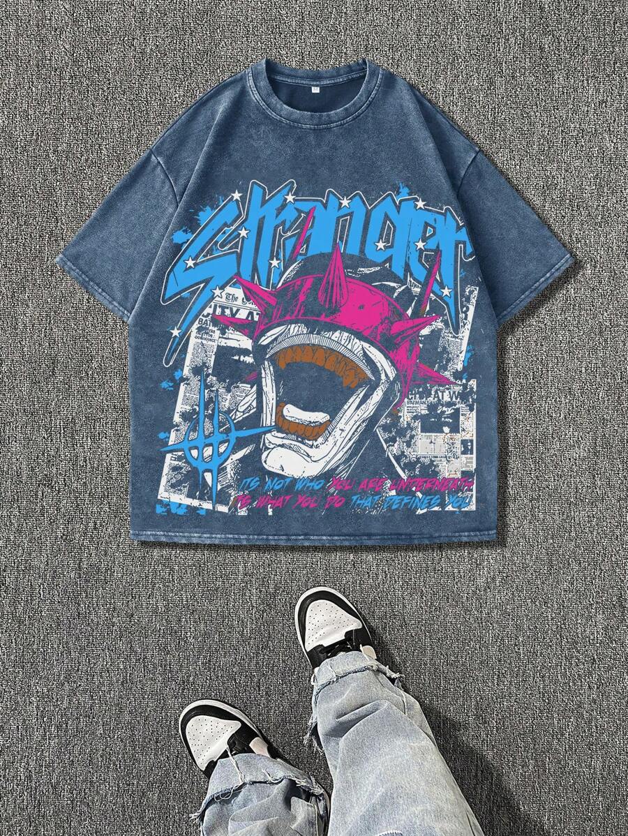 Camiseta casual de manga corta cuello redondo para hombre con estampado de personaje de graffiti monstruoso lavado y desgastado