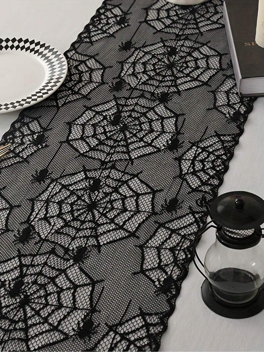 1pc Zwart Kanten Overlay Tafelblad Collectie Gotisch Halloween Decor, Spooky Spider Web Ghoul Handtafelkleed Voor Keuken- en Eetkamerdecoratie, Halloweenfeest en Seizoensgebonden Huisdecoratie