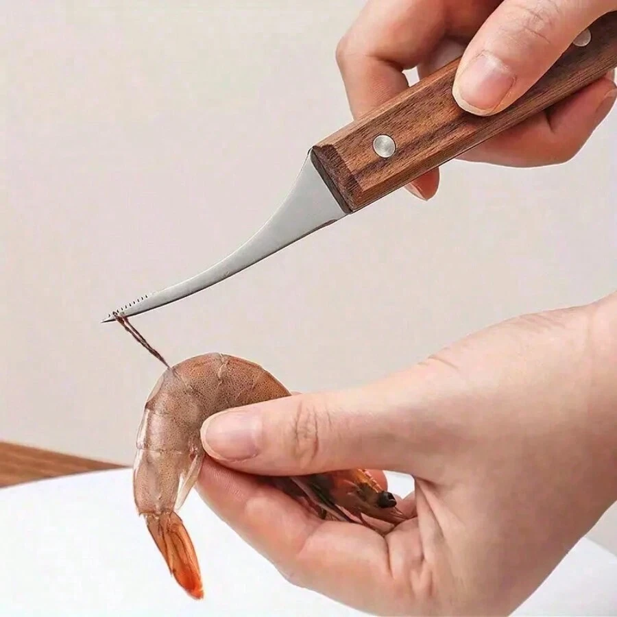 1 pieza Quitarabos de acero inoxidable - Herramienta de preparación de mariscos fácil de limpiar, con mango rojizo, elimina eficazmente las cáscaras y desentraña los camarones, indispensable para la cocina del hogar y el campamento al aire libre
