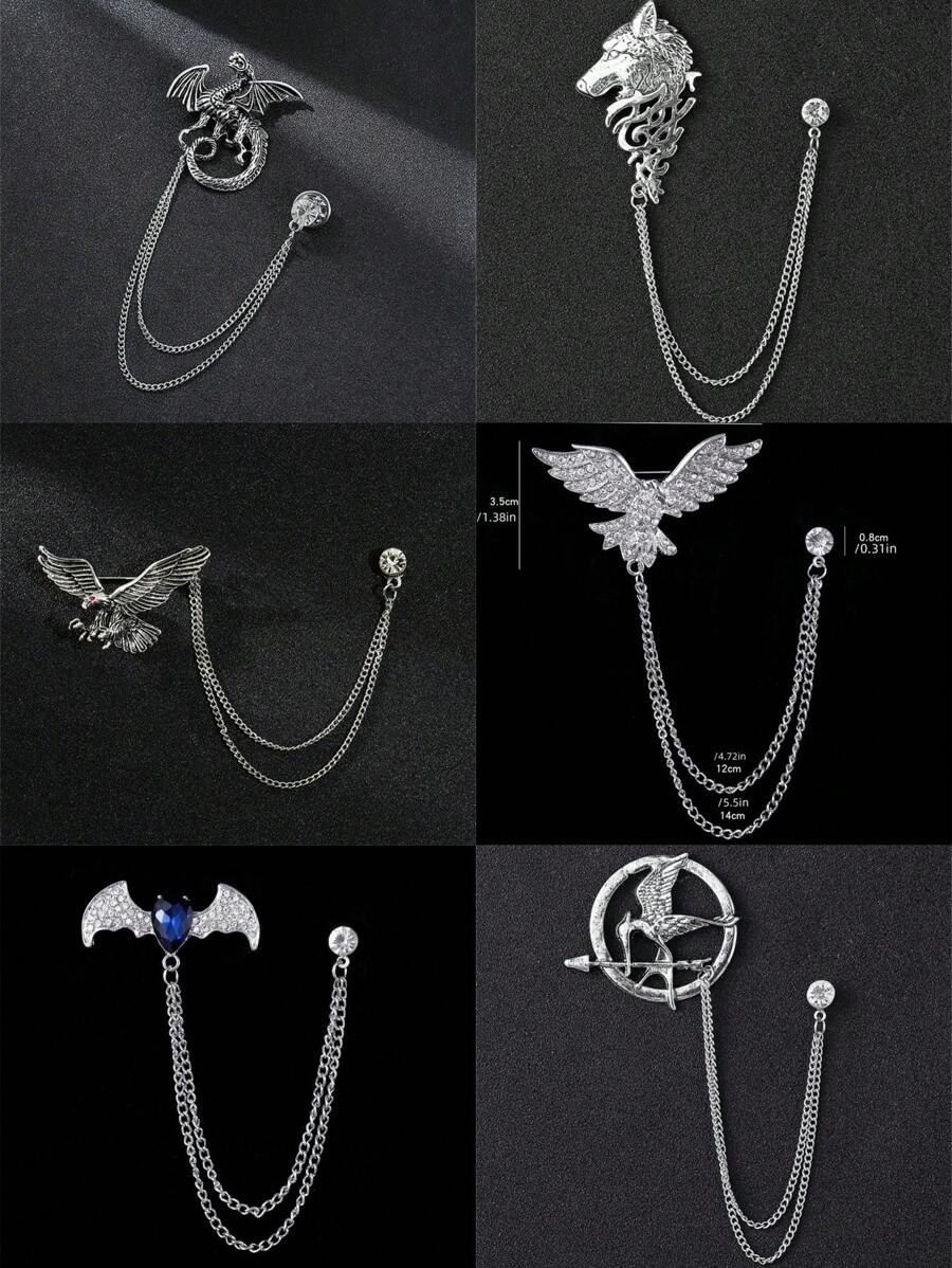 1 peça Broche em forma de ave de rapina feroz (morcego, lobo, águia) em estilo retrô dourado/prateado para terno masculino
