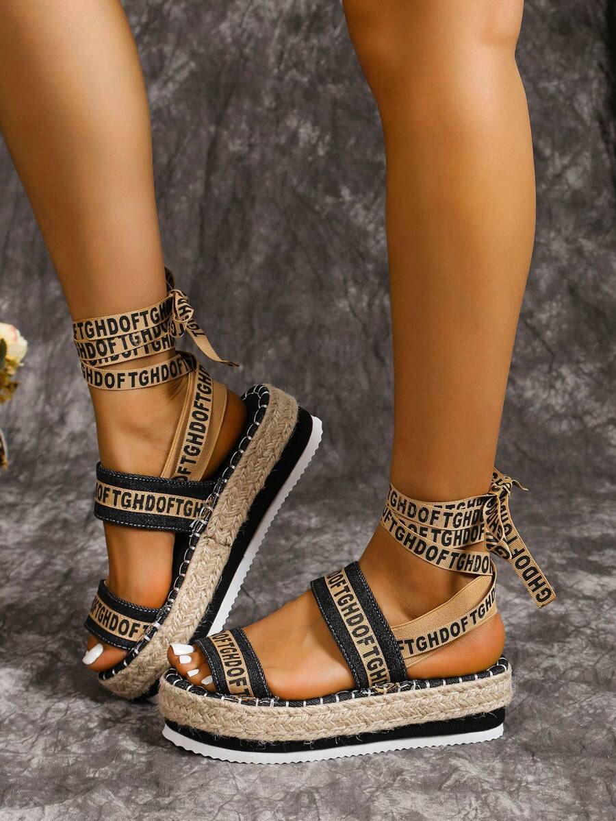 2024 New Women Summer Sandals Platform Wedge Rope Tied Sole