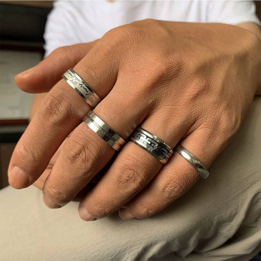 4 Stück Punk Graffiti Elektrokardiogramm Edelstahl Ring Set, geeignet für Herren
