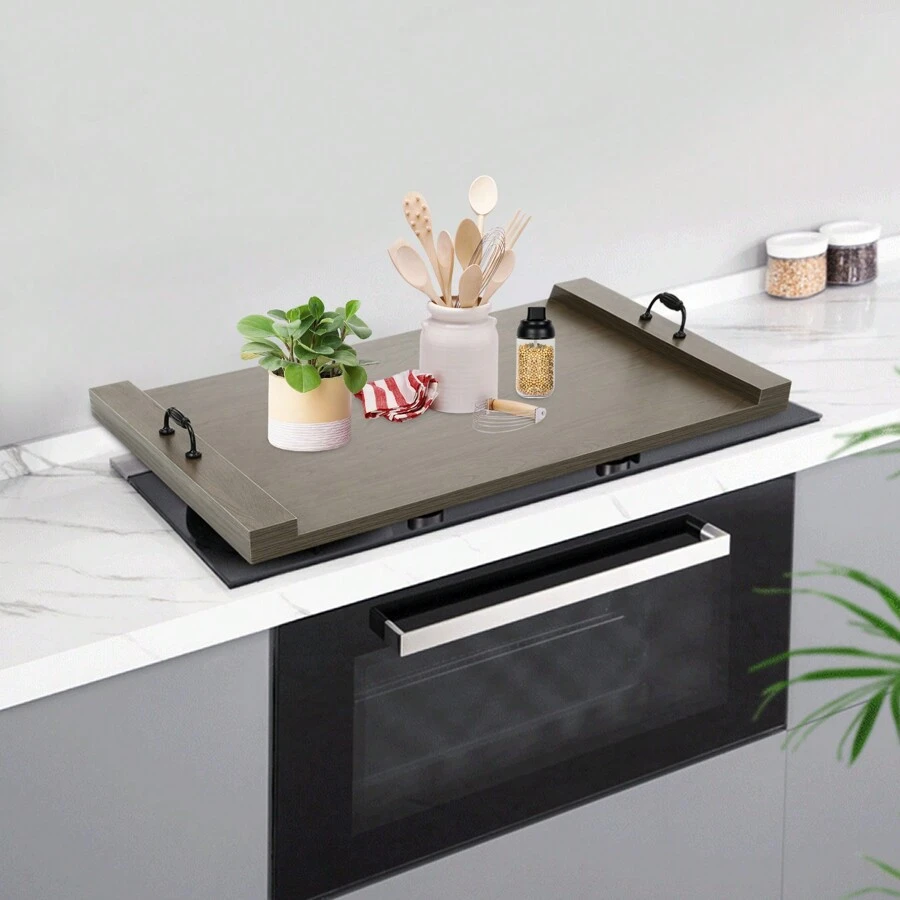 Noodle Board Stove Covers With Handle,Counter Space Top Cover,Stove Top Cover,Farmhouse Decor Tray,Heat Resistant Protects Stove,Laminate Wood Handmade Cookware,For Apartment,Kitchen,RV(Gray)