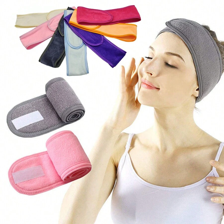 1 pieza Diadema facial para spa y maquillaje para lavarse la cara, diadema para ducha, baño, deporte, diadema para niñas, de poliéster ajustable con y antideslizante (color aleatorio)