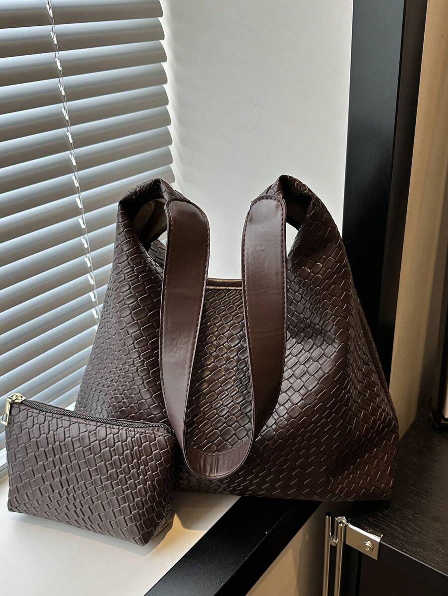 Bolso de mujer de moda elegante de material tejido en forma de media luna, bolso de hombro de PU con monedero, bolso debajo del brazo