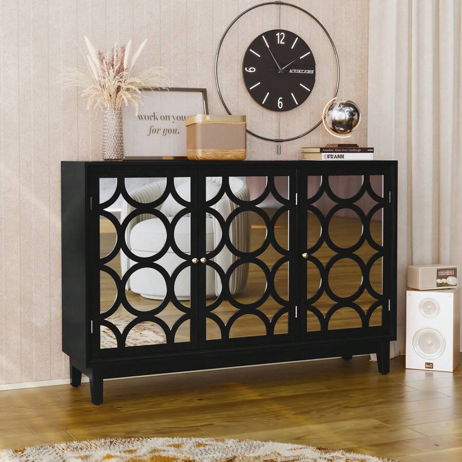 47.2'' Sideboard Cabinet With 3 Mirror Doors, Modern Buffet Cabinet With Storage, Accent Storage Cabinet For Living Room, Dining Room, Bedroom, Entryway