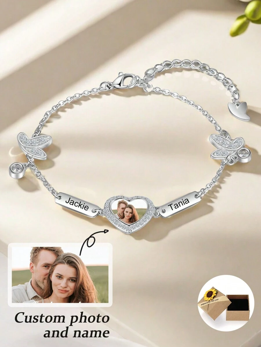Hartvormige armbanden, gepersonaliseerde foto en naam, cadeaus voor familie/koppels/vrienden