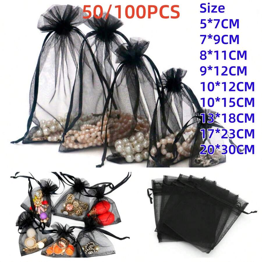50/100 stuks geschenkverpakkingszakken, zwarte organza snoepzakken, serviesgoed, Halloween, kerst, huishoudelijke artikelen, feestartikelen voor bruiloften, festivalactiviteiten en feestbenodigdheden, geschenkverpakkingszakken, snoepzakken voor bruiloften, geschenkverpakkingszakken. Sieradenverpakking, organza zakjes, snoepzakken, reistassen, geschenkzakken voor de feestdagen, kan worden gebruikt voor fruit, anti-insectenzakken, herfst, kerstmis en Valentijnsdag.