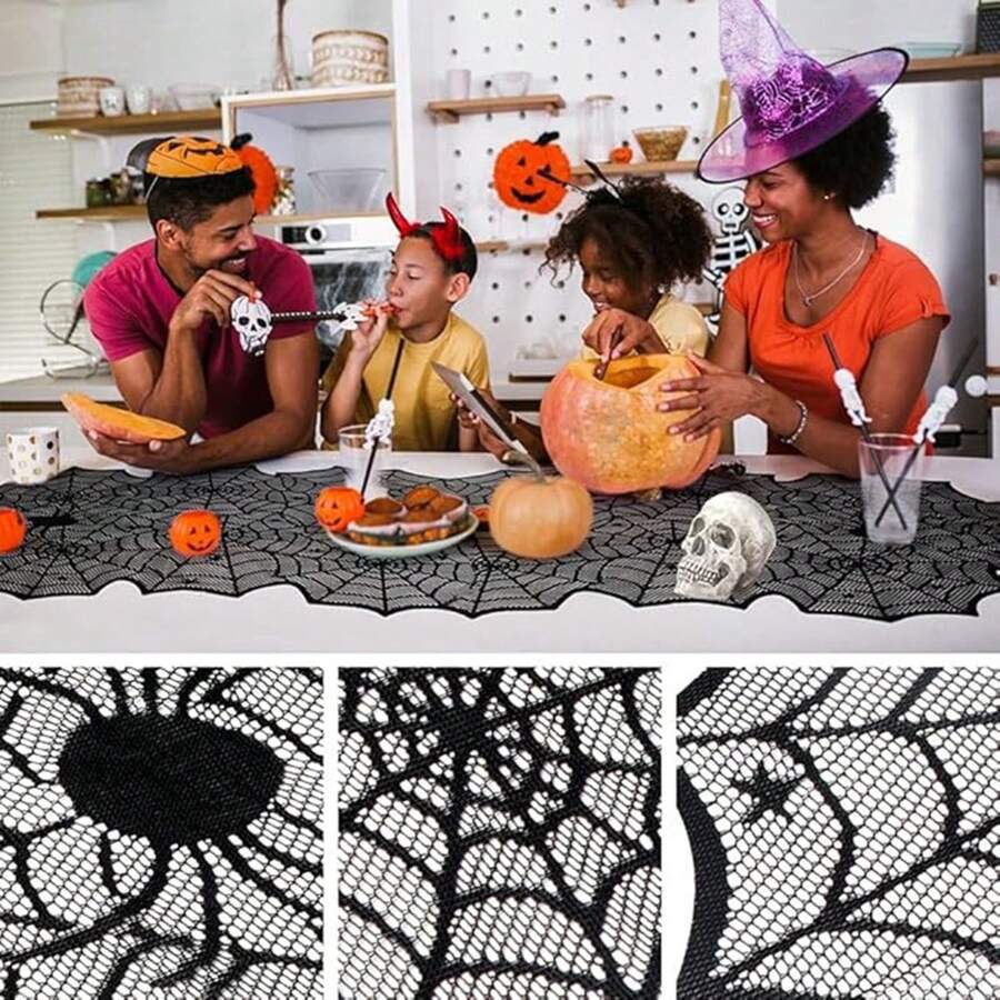 Halloween Doilies, Black Lace Cobweb Doilies, Halloween Table Decorations, Creepy Tablecloths, Halloween Party Table Decorations 18inch X 72inch,Halloween Decor,Home Decor Halloween Party