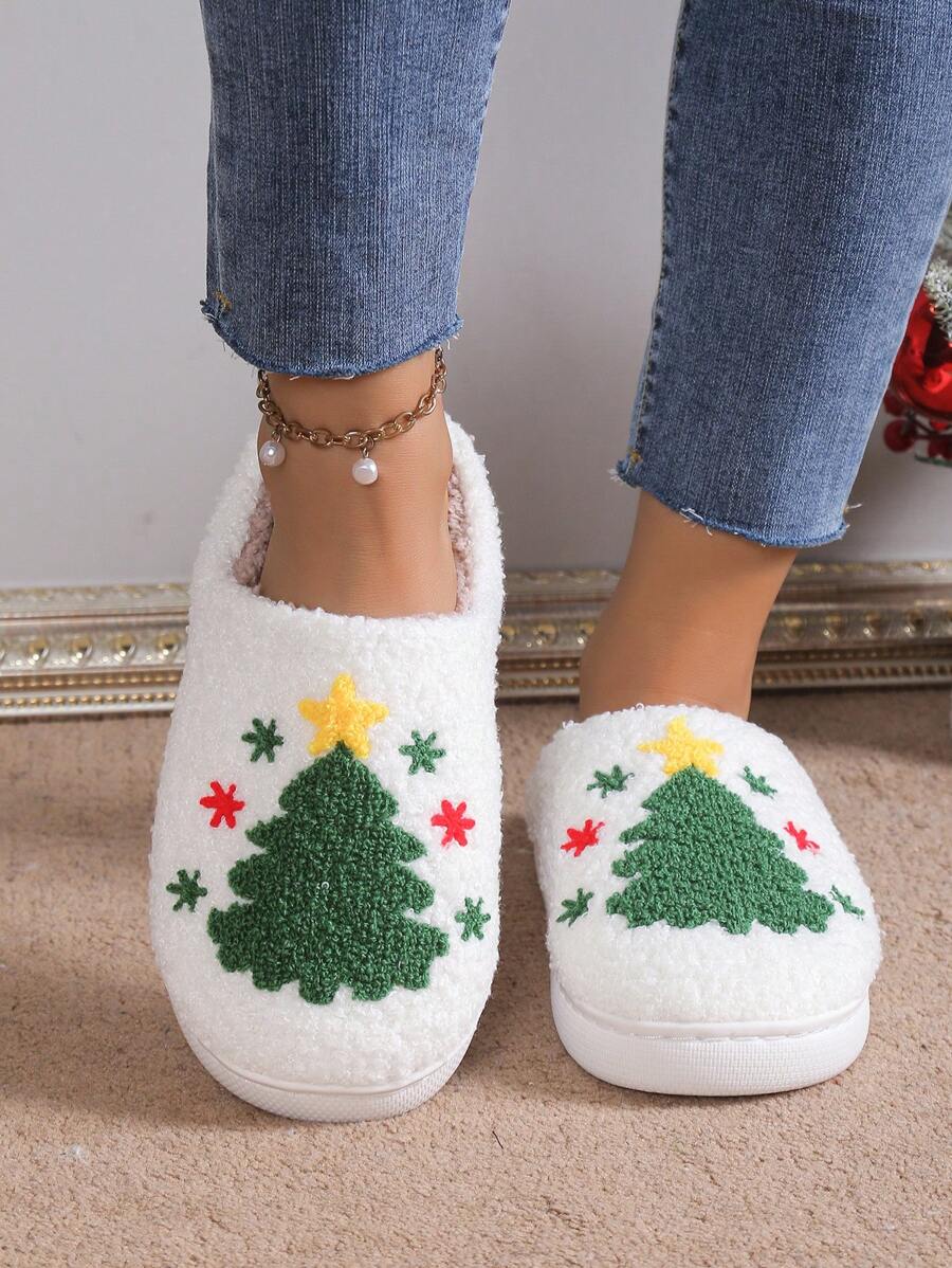 Christmas Tree Plush Warm Slippers For Women, Thick Sole Anti-Slip Indoor House Slippers For Student Dormitory, Wearable Outdoor